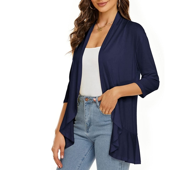 NEW Cardydony Lightweight Casual 3/4 Sleeve Open Front Navy Blue Cardigan Large - Picture 5 of 9